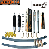 SANDKAT 4X4 - Kit suspension réhausse +50/70mm Mitsubishi L200 avant 2005 (sans barres de torsion) comprend : 2 lames RENFORCEES +250KG - 2 jumelles graissables - 2 kits brides - 1 jeu de bagues - 4 Amortisseurs Nitrogas