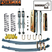 SANDKAT 4X4 - Kit suspension réhausse +50mm Mitsubishi L200 2015+ et Fiat Fullback comprend : 1 Paire de ressorts +70KG - 2 lames renforcées +250KG - jumelles graissables - 2 kits brides - 1 jeu de bagues - 4 Amortisseurs Nitrogas