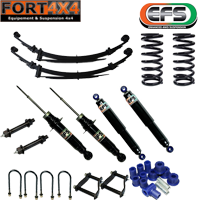 EFS - Kit suspension réhausse +40mm Nissan Navara D40 comprend : - 2 Ressorts médium- 2 Lames renforcées +150 kg - 4 Amortisseurs EFS XTR - 2 Jeux de Brides - 1 Kit silent blocs - Jumelles et axes graissables