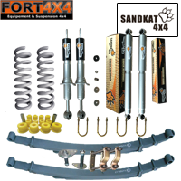 SANDKAT 4X4 - Kit réhausse +50mm Nissan Navara D40 (Diesel) comprend : 1 paire de ressorts renforcés +60KG - 1 paire de lames renforcées +300KG - jumelles graissables - axes - 4 brides - 1 jeu de bagues - 4 amortisseurs nitrogas