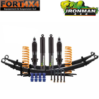 IRONMAN 4X4 - Kit suspension réhausse +40mm Nissan Navara D40 (V6 Diesel) comprend : 1 paire de ressorts renforcés - 1 paire de lames renforcées - 2 KITS DE BRIDES - 1 jeu de bagues - 4 amortisseurs ELITE PRO