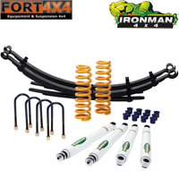 IRONMAN 4X4 - Kit suspension réhausse +40/50mm pour Toyota Hilux Vigo (2005 à 2015) comprend : 2 ressorts renforcés - 2 lames renforcées - 1 jeu de bagues - 2 kits brides - 4 amortisseurs ELITE