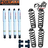 RUPTURE DE STOCK-DJEBELXTREME - Kit suspension réhausse +65mm Toyota LJ70 LJ73 KZJ70 KZJ73 (phares carrés) comprend : 4 ressorts médium - 2 amortisseurs Mud avec adaptateurs avant - 2 amortisseurs Mud arrière