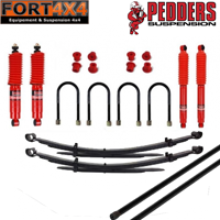 PEDDERS - Kit suspension réhausse +40mm Mitsubishi L200 avant 2005 comprend : Barres de torsions - Paquets lames renforcés -Silentblocs polyuréthane -Brides de lame -4 Amortisseurs TrakRyder gaz