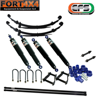 EFS - Kit suspension réhausse +40mm Nissan Navara D22 comprend : - 1 paire barres de torsion Ridepro - 2 Lames renforcées +150 kg - 4 Amortisseurs EFS Elite - 2 Jeux de Brides - 1 Kit silent blocs - Jumelles et axes graissables