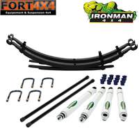 IRONMAN 4X4 - Kit suspension réhausse +40mm Nissan Navara D22 comprend : 1 paire de barres de torsion - 1 paire de lames Renforcées - 2 kits de brides - 1 jeu de bagues - 4 amortisseurs RESPONSE