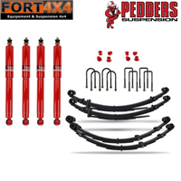 PEDDERS - Kit suspension réhausse +50mm Suzuki Samurai 410/413 comprend : 2 lames avant renforcées médium -2 lames arrières renforcées médium-Silentblocs polyuréthane AV AR -Brides lames avant et arrière - 4 Amortisseurs Bi Tube Gaz