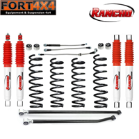 RANCHO - Kit suspension rehausse +75mm  Suzuki Jimny Diesel jusque 2018 comprend : 4 ressorts médium - 4 amortisseurs Rancho 5000 - Durites freins rallongées - Silent Blocs excentriques- Barres panhard renforcées réglables AVT + ARR