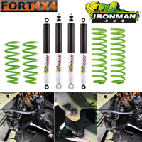 IRONMAN 4X4 - Kit suspension réhausse +50mm Suzuki Jimny 2018+ comprend : 2 ressorts renforcés avt (0-50KG) - 2 ressorts renforcés arr (0-200KG) - 4 amt Response - Support traverse avt - Extension support capteur phares - Rallonge durite frein