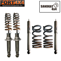 SANDKAT 4X4 - Kit suspension réhausse +50mm Mitsubishi Pajero 3.2 DID court comprend : 2 amortisseurs McPherson Nitrogas - 1 paire de ressorts avant +65KG - 1 paire de ressorts arrière 150 Kg en charge constante - 2 amortisseurs arrière Nitrogas