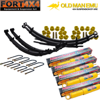 OME - Kit suspension réhausse +40mm Nissan Patrol 160 Baroud comprend : 2 lames avant médium - 2 lames arrière HD - 2 jeu de bagues - 4 kits brides - 4 amortisseurs Nitrocharger