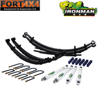 IRONMAN 4X4 - Kit suspension réhausse +40mm Toyota LandCruiser BJ40 comprend : 4 lames renforcées médium - kit brides - kit silentblocs lames - 4 amortisseurs Elite