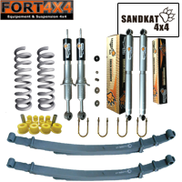 SANDKAT 4X4 - Kit suspension réhausse +40/50mm pour Toyota Hilux Vigo (2005 à 2015) comprend : 2 ressorts renforcés +60KG - 2 lames renforcées +300KG - 1 jeu de bagues - 2 kits brides - 4 amortisseurs Nitrogas