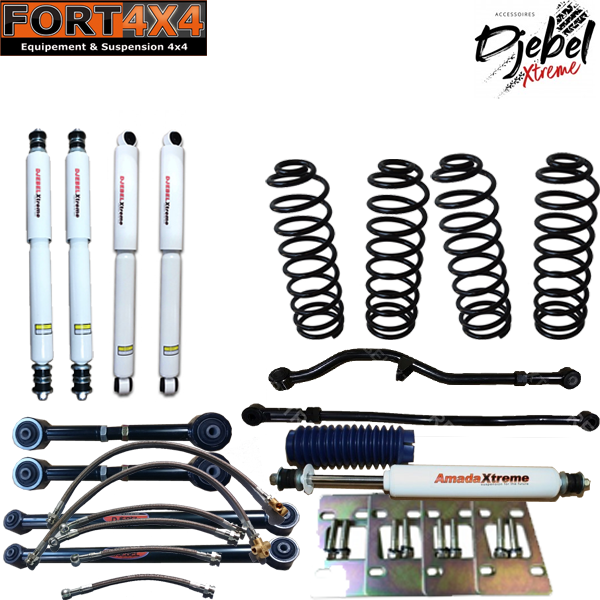 DJEBELXTREME - Kit réhausse +100mm Nissan Patrol Y60 Court : 4 ressorts médium - kit câles BV BT- Tirants arrières inf+sup réglable - Barres panhard AV+AR réglables- 4 amortisseurs performance- 1 amt direction- 6 flex. frein