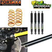 IRONMAN 4X4 - Kit suspension réhausse +40mm Toyota HDJ100 comprend : Paire de barres de torsion renforcées + renfort - 2 ressorts AR médium - 4 amortisseurs Elite Pro