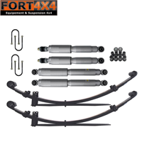 ECO KIT - Kit suspension réhausse +50mm Nissan Navara D22 (sans barres de torsion) comprend : 2 lames arrière médium - jeu de bagues pour les 2 lames - 2 kits brides - 4 amortisseurs Nitrogas