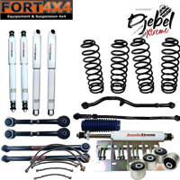 DJEBELXTREME - Kit réhausse +100mm Nissan Patrol Y61 Court APRES 10/2001: 4 ressorts médium - Câles BV BT- Tirants arrières inf+sup régl. - Barres panhard AV+AR réglables - 4 amortisseurs mud - 1 amt dir. - 6 flex freins avia + SB 3° pt av