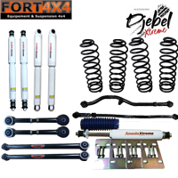 DJEBELXTREME - Kit réhausse +100mm Nissan Patrol Y61 Court APRES 10/2001 : 4 ressorts médium -Câles BV BT- Tirants arr. inf+sup réglable - Barres panhard AV+AR réglables - 4 amortisseurs performances - 1 amt direction