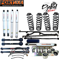 DJEBELXTREME - Kit +90mm Nissan Patrol Y61 Long AVT 10/01: 4 ressorts médium - kit câles BV BT- Tirants arrières inf+sup régl. - Barres panhard AV+AR régl. - 4 amt. performances - 1 amt dir. - 6 flex. freins av. - SB 3° - barres dir et accouple