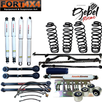 DJEBELXTREME - Kit +90mm Nissan Patrol Y60 Long : 4 ressorts médium - kit câles BV BT- Tirants arrières inf+sup régl. - Barres panhard AV+AR régl. - 4 amt. performances - 1 amt dir. - 6 flex. freins av. - SB 3° - barres dir et accouplement renf