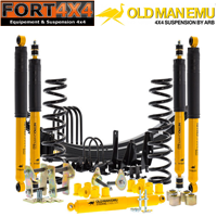 OME -Kit suspension rehausse avt 40mm (+150kg) - arr 40 mm (+500kg) comprend ressorts avant OME HHD - kit jumelles graissables OME - silent blocs OME - bride de lames OME - Amortisseurs arr et avt OME sport - Lames de suspension arr +40mm HHD(+500kg)