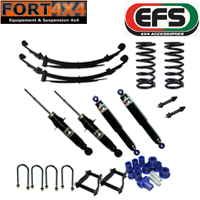 EFS - Kit suspension réhausse +40mm Toyota Hilux Revo (à partir de 2015) comprend : 2 ressorts +70/100 kg - 2 lames +500 kg - 4 amortisseurs Elite - jeux de brides - silents bloc - jumelles - 2 axes graissables 