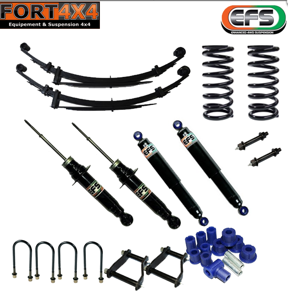 EFS - Kit suspension réhausse +45mm Isuzu D-Max depuis 2017 comprend : - 2 Ressorts +60 kg - 2 Lames +150 kg - 4 Amortisseurs EFS XTR - 2 Jeux de Brides - 1 Kit silent blocs pour 2 lames - Jumelles et axes graissables