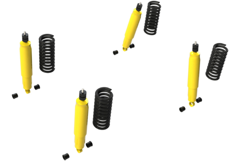 TERRAIN TAMER-KIT DE SUSPENSION  REHAUSSE +40MM +-4 amortisseurs, 4 ressorts, 4 durites de freins rallongées, kit de rabaissement de pont, silent-blocs excentriques, cale de réglage des phares, boulons pour amortisseurs rallon