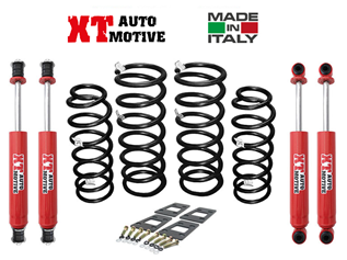 XT AUTOMOTIVE-KIT REHAUSSE +6 CMS- 4 mega amortisseurs corps de 61 mm -tige 20mm-piston 38mm hydrailique a double effet+ ressorts medium +cales de boite