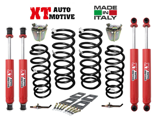 XT AUTOMOTIVE-KIT REHAUSSE +6 CMS- 4 mega amortisseurs corps de 61 mm -tige 20mm-piston 38mm hydraulique a double effet+ ressorts medium +cales de boite et cône anti déboitement