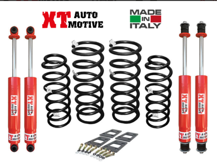 XT AUTOMOTIVE-KIT REHAUSSE +6 CMS- 4 mega amortisseurs corps de 71 mm -tige 25mm-piston 45mm hydraulique a double effet+ ressorts medium +cales de boite 