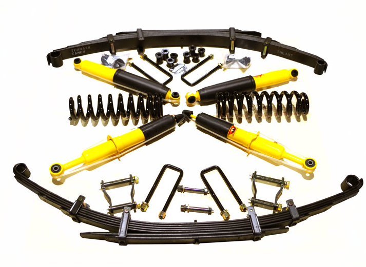 TERRAIN-TAMER- KIT SUSPENSION + 40 MM - 4 amortisseurs+ 2 lames + 2 ressorts av+ silent bloc+ brides + jumelles et axes 