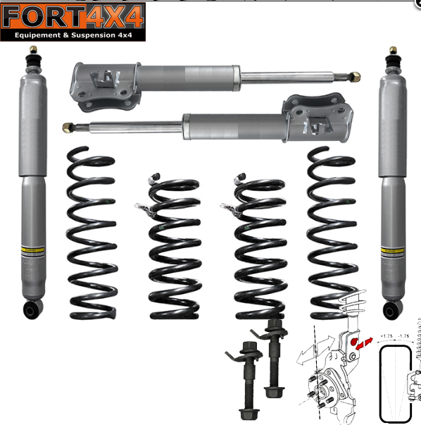 b52- Kit suspension rehausse +40mm Suzuki Grand Vitara 1.6 L (98 à 04) comprend : 4 ressorts médium + 4 amortisseurs nitrogas + 1 kit correcteur d'angle