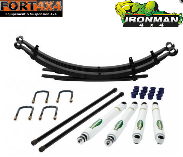 IRONMAN 4X4 - Kit réhausse +40mm Mitsubishi Pajero de 1981 à 1991 comprend : 1 paire de barres de torsion - 1 paire de lames arrière renforcées- 2 kits de brides - 1 jeu de bagues - 4 amortisseurs Response