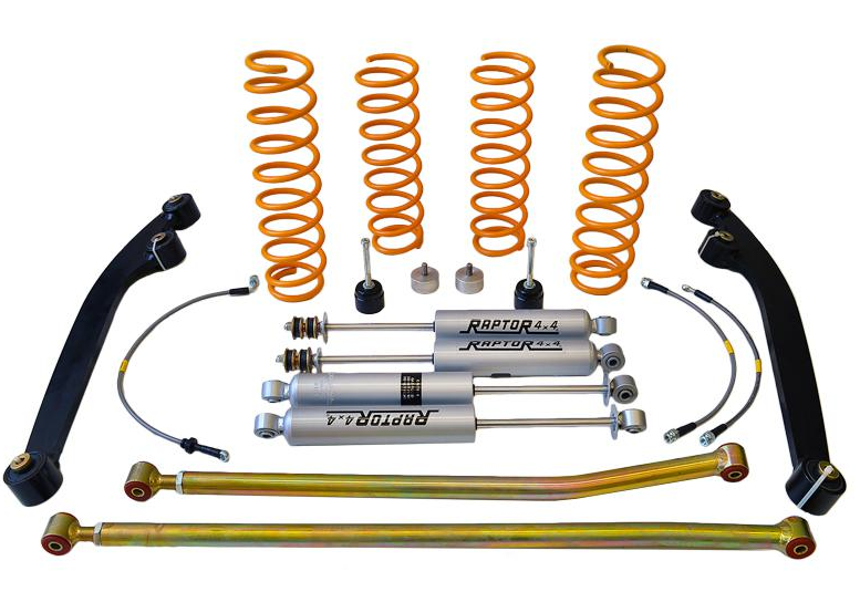 KIT DE RÉHAUSSE DE SUSPENSION + 5/6 CM-4 ressorts +6cm- 4 amortisseurs gris HD- 2 barres Panhard réglables avant + arrière- 1 kit de butées -  tuyaux de frein rallongés - 1 paire de bras de suspension avant 