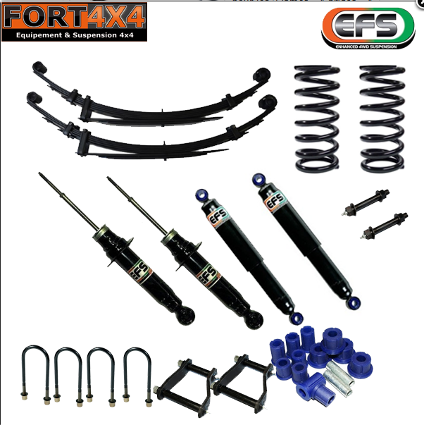 EFS - Kit suspension réhausse +40mm Isuzu D-Max depuis 2020 comprend : - 2 Ressorts +50 A 90 kg - 2 Lames +350 kg - 4 Amortisseurs EFS XTR - 2 Jeux de Brides - 1 Kit silent blocs pour 2 lames - Jumelles et axes graissables+ coupelles