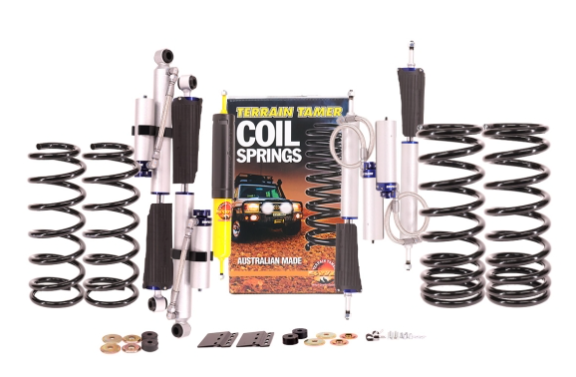 TERRAIN TAMER KIT DE SUSPENSION- AMORTISSEUR PRO SHOCK REHAUSSE +40/50MM POUR NISSAN PATROL Y61-4amortisseurs PRO SHOCK+ 4 ressorts (tarage au choix)  SB 2° et amortisseur de direction