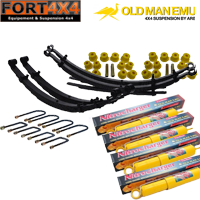 OME - Kit suspension réhausse +40mm Toyota Land Cruiser BJ70 BJ71 BJ73 BJ74 comprend : 4 amortisseurs Sport - kits brides - 2 jeux de bagues - 2 lames avant renforcées médium - 2 lames arrières renforcées +200KG