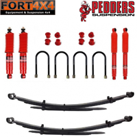 PEDDERS - Kit suspension réhausse +25mm Toyota Hilux 1988-2004 comprenant : Barres de torsions renforcées (L:1064mm) -Paquets lames renforcés médium -Silentblocs polyuréthane -Brides lames arrière -Amortisseurs Bi-tube gaz