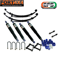 EFS - Kit suspension réhausse +40mm Nissan Navara D22 (sans barres de torsion) comprend : - 2 Lames renforcées +250 kg - 4 Amortisseurs EFS Elite - 2 Jeux de Brides - 1 Kit silent blocs - Jumelles et axes graissables