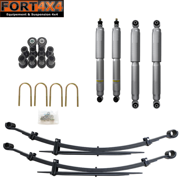 ECO KIT - Kit suspension réhausse +40mm Ford Ranger 2006-2011 comprenant : 2 Paquets lames arrière médium -Silentblocs pour les 2 lames - 4 brides de lames - 4 Amortisseurs gaz Nitrogen